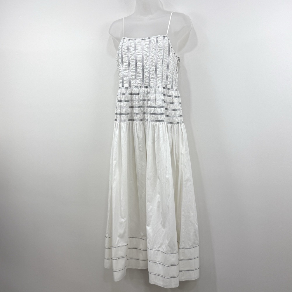 Saylor Adalene Midi Dress L Pinstripe Euro Summer Chic Beachy Smocked Clean Girl - Picture 7 of 13